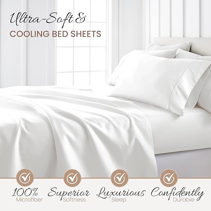 Linen Market Bed Sheets for California King Size Bed (White) - Sleep Better Than Ever with These Soft and Cooling California King Sheets - Deep Pocket Fits 16" Thick Beds - 4 Piece Cal King Sheet Set