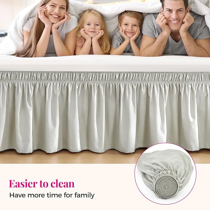 RIMELA Light Grey Bed Skirt Queen Size 18 Inch Drop, Wrap Around Elastic Bedskirt, Dust Ruffle for Adjustable Bed Base Machine Washable Easy to Install Bed Skirts