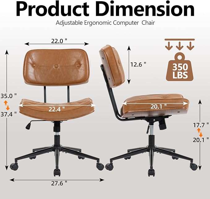 Armless Office Chair with Wheels, Adjustable Height Desk Chair Leather Swivel Computer Chair, Modern Walnut Office Side Chair for Meeting Room Office, Brown