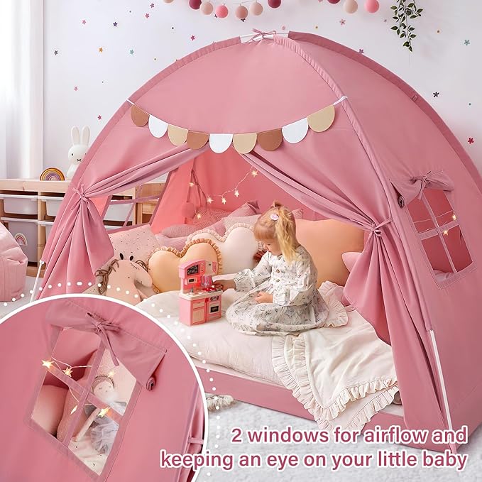 Bed Tent Twin, Bed Canopy for Kids Girls, Tents Toddler Portable Sleeping Tents Indoor, Pink Bunk Canopy Floor Playhouse for Twin Size Bed for Birthday Toy House Gift