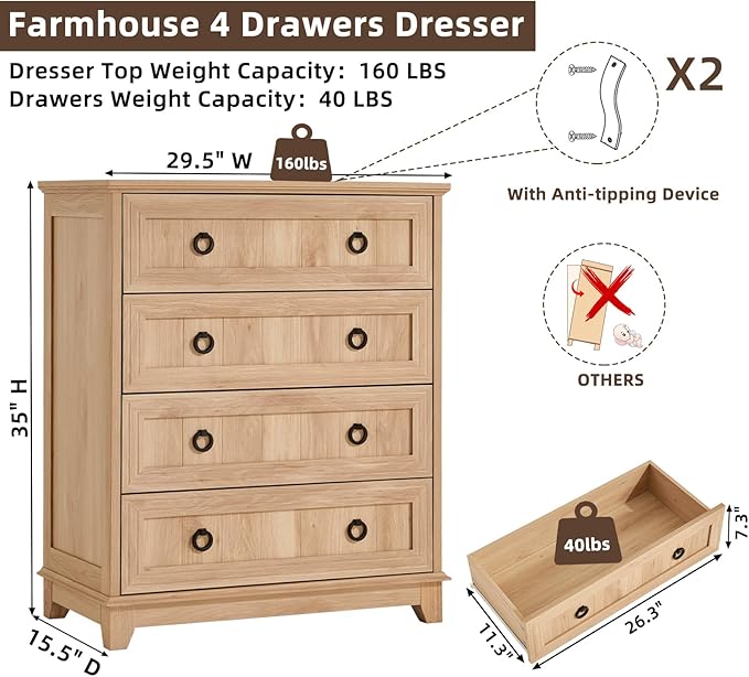 Farmhouse 4 Drawer Dresser for Bedroom Set of 2, 35" Tall Small Dressers & Chest of Drawers, Rustic Wood Dresser with Metal Handle, Storage Organizer Closet for Living Room, Hallway, Entryway