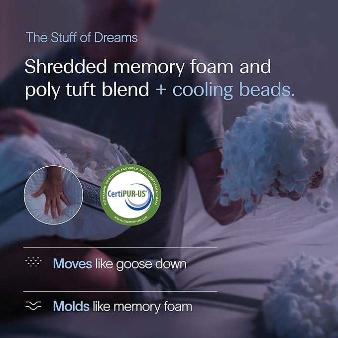 DreamyBlue Gusseted Sapphire Pillow • Adjustable Loft, Luxury Cover, Shredded Memory Foam Fill w/Cooling Beads • Ideal for Wide Shoulders • Neutral Alignment for All • CertiPUR-US Certified (Queen)