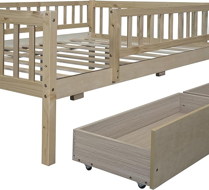 Bellemave Full Size Bed Frames with Rails for Kids, Full daybed Frame with Drawers for Boys/Girls/Adults， Natural
