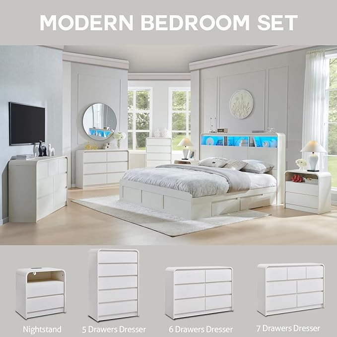 Modern 6 Drawers Dresser for Bedroom, 47" Wide Wood Dressers & Chests of Drawers with Curved Profile Design, Mid Century Modern Dresser for Closet for Bedroom, Living Room, Antique White