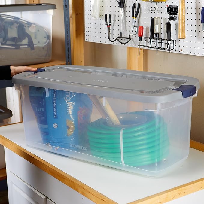 Rubbermaid Roughneck Clear 95 Qt/23.75 Gal Storage Containers, Pack of 4 with Latching Grey Lids, Visible Base, Sturdy and Stackable, Great for Storage and Organization