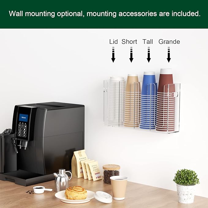 Disposable Coffee Cup Dispenser with Handles, Countertop or Wall Mount Hot/Cold Drink Cup and Lid Holder - Bathroom/Kitchen/Office Acrylic Cup Lid Storage Organizer (4 Compartments, Clear)
