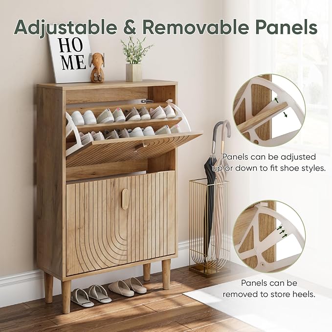 Smuxee Shoe Cabinet with 2 Flip Drawers, 23.6" Oak Hidden Shoe Storage Cabinet with Line Groove Design, Freestanding Shoe Organizer Cabinet for Entryway, Hallway, Living Room