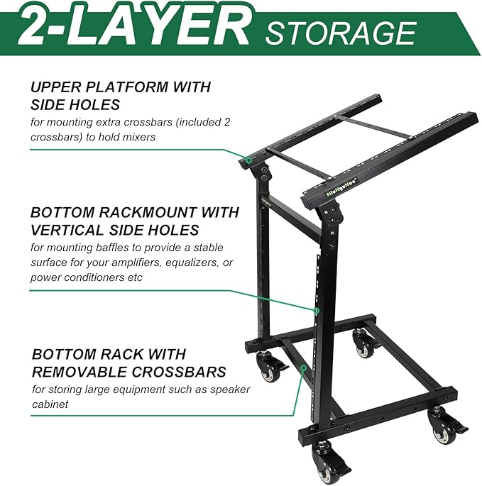 12U DJ Mixer Stand Rack Mount Rolling Stand Stage Cart Adjustable Rack Mount for Music Studio Booth Pro Audio Recording Cabinet Stage Equipment