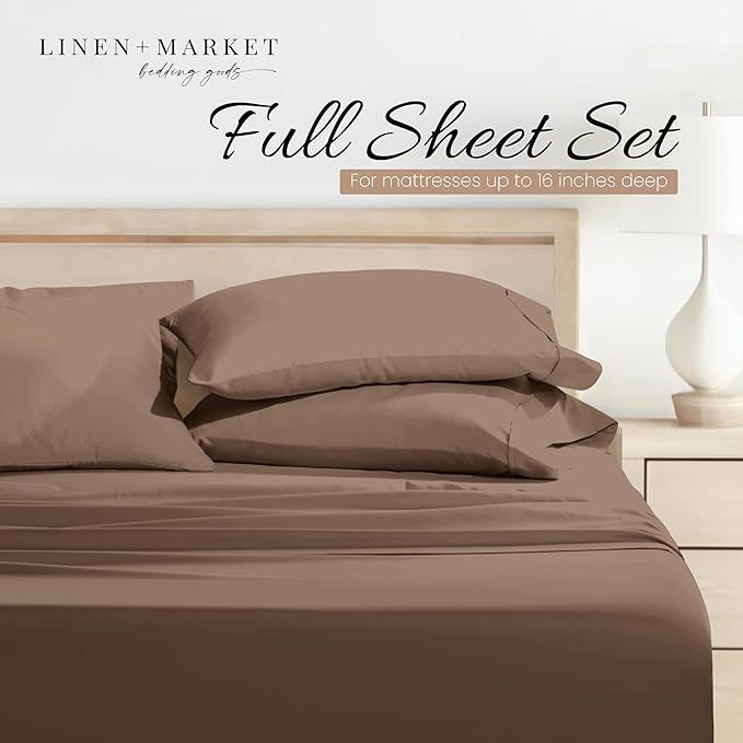Linen Market Brushed Microfiber Full Sheet Set 4 Piece – Oeko-TEX Certified Ultra Soft & Wrinkle-Free - 16" Deep Pocket Sheets - Easy Care Full Size - Taupe