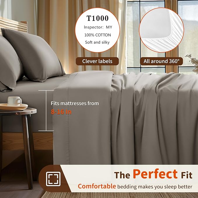 LBRO2M 1000 Thread Count 100% Egyptian Cotton Sheets Set Twin XL, 3 Piece Sets Bed Sheet Deep Pocket Sheet Set 16" Soft Comfortable All Season (Twin XL, Taupe)