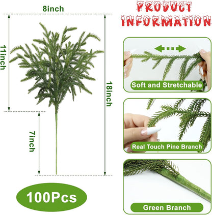 Artgar 100 Pcs Pine Branches - 18 Inch Artificial Green Pine Stem - Real Touch Christmas Greenery Pines Branches for DIY Flower Arrangement Home Indoor Christmas Decor