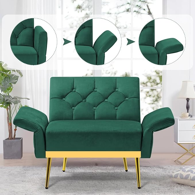 Velvet Accent Chair w/Adjustable Armrests and Backrests, Tufted Single Armchair w/Ottoman, Upholstered Reading Chiar for Living Room, Apartment, Bedroom, Green