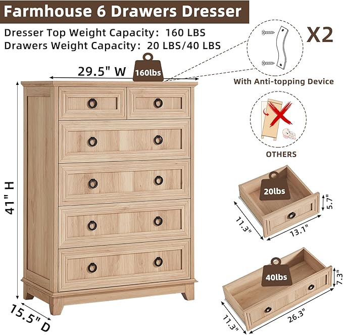 Farmhouse 6 Drawer Dresser for Bedroom Set of 2, 41" Tall Small Dressers & Chest of Drawers, Rustic Wood Dresser with Metal Handle, Storage Organizer Closet for Living Room, Hallway, Entryway