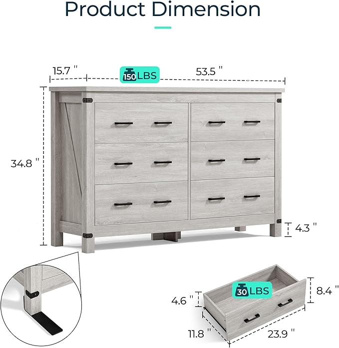 LINSY HOME Farmhouse 6 Drawer Double Dresser for Bedroom, 53” Wide Rustic Wood Chest with Deep Drawers, Modern Dressers with Storage and Metal Handles for Closet, Living Room, Hallway, Wash Grey