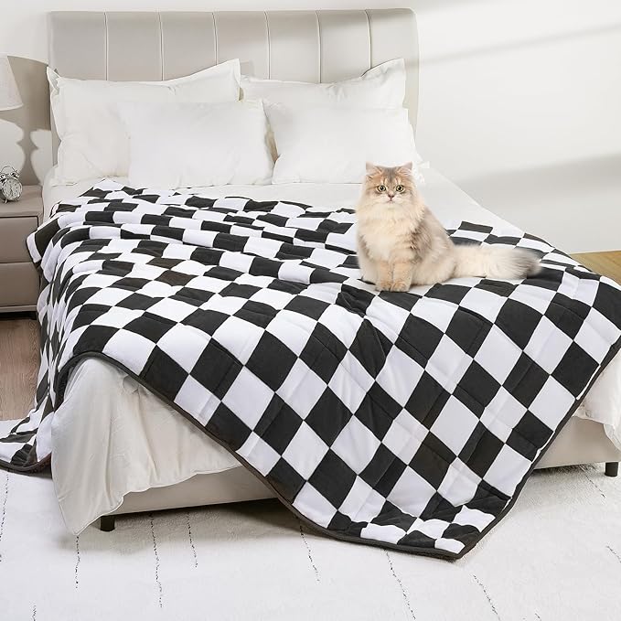 Weighted Blanket for Adults, 20lbs Sherpa Flannel Weighted Blanket Queen Size, Soft Fluffy Fleece Checkerboard Weighted Blankets for Calming and Relax, Plaid Black, 60" x 80"
