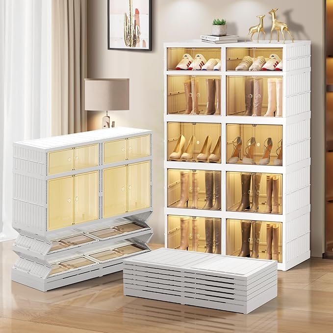 5-Tier Foldable Shoe Rack Organizer for Closet 20Pairs Plastic Collapsible Shoes Storage Box Clear Shoe Boxes Stackable with Door Easy Assembly Shoe Cabinet Bins with Lids Large