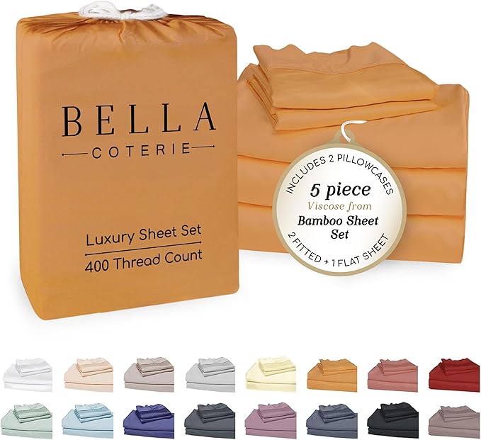 Bella Coterie Luxury Bamboo Viscose Split King Size Sheet Set | 2 Fitted Sheets for Sleep Number & Adjustable Beds | 100% Organically Grown | Cooling & Ultra Soft | 18” Deep Pocket [Marigold]