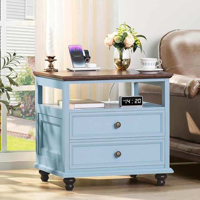 Farmhouse Furniture Set, Nightstands Set of 2 and 7 Drawers Dresser for Bedroom, 54 Inch Wide Wood Dresser and 24" Night Stands with Charging Station for Bedroom, Living Room, Hallway