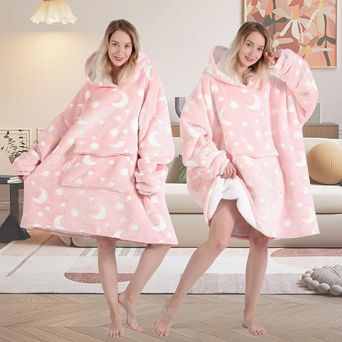 Glow in The Dark Wearable Blanket Hoodie for Adult,Oversized Sherpa Fleece Blanket Hoodie for Women Men,Luminous Moon and Stars