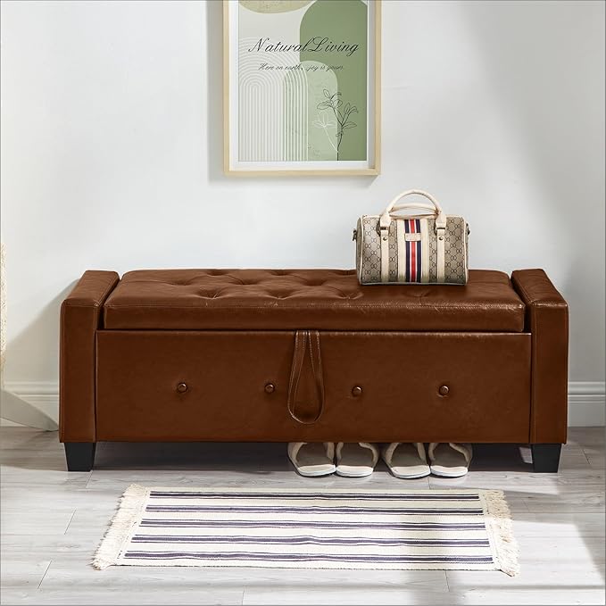 48” Storage Ottoman Bench, Upholstered Button-Tufted End of Bed Bench with Soft-Close Hinge & Solid Wood Legs, Foot Rest for Living Room, Bedroom, Hallway (Faux Leather, Brown)