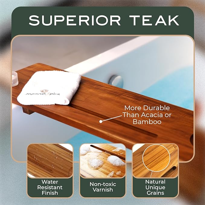 Grand Fjord Teak Bathtub Tray for Large Soaking Tub – Extra Long 35” Luxury Bath Tray for Freestanding Tubs with Candle Holders, Tealight Jars & Premium Towel by JapandiSpirit