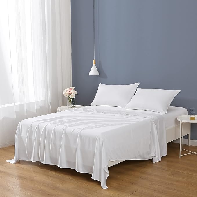 Linen World Cooling Bed Sheets Set King Size,100% Organically Grown Viscose Sheets,Deep Pocket Up to 16",4 Pieces Silky Soft,Breathable Bedding Sheets & Pillowcases(White,King)