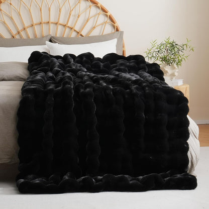 BENVWE Faux Fur Throw Blanket for Couch - Thickened Fluffy Soft Bubble Blanket for Living Room Home Decor - Fathers Day Birthday Gifts for Women Men, Black, 50" x 60",1300GSM