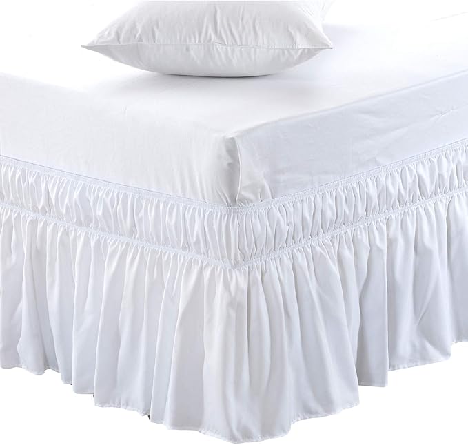 MEILA Wrap Around Bed Skirt Three Fabric Sides Elastic Dust Ruffled 14 Inch Tailored Drop,Easy to Install Fade Resistant-White, Queen/King