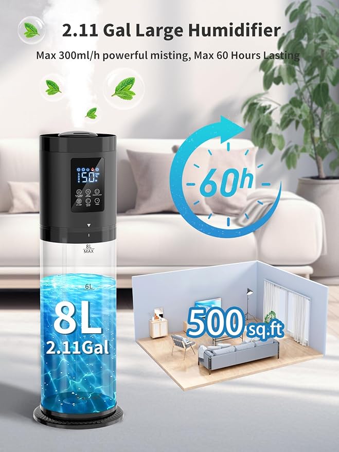 8L Humidifiers for Bedroom, 30dB Quiet, 500ft² Coverage, 60H Runtime, Top Fill, 3-in-1 Humidifier Large Room & Essential Oil Diffuser & Ambient Light, Sleep Mode, 16H Timer, Auto Shutoff Protection