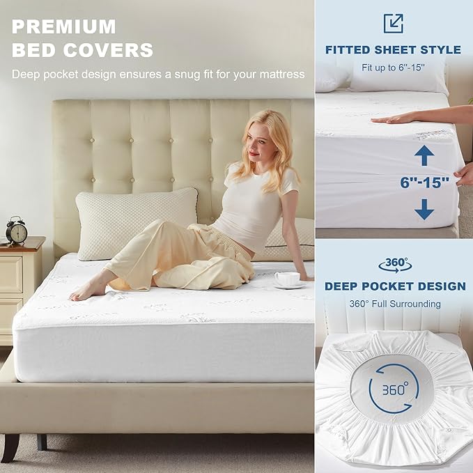 BEDLORE Full Size Waterproof Mattress Protector Viscose Derived from Bamboo, Soft Mattress Cover Fitted with Deep Pocket 6"-15", Breathable & Cooling Noiseless Mattress Pad, Machine Washable(White)