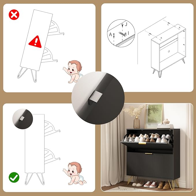 Shoe Cabinet with 2 Flip Drawers, Fluted Black Shoe Storage Cabinets, Hidden Shoe Cabinet Storage for Entryway Slim, Modern Freestanding Shoe Rack Organizer, Black