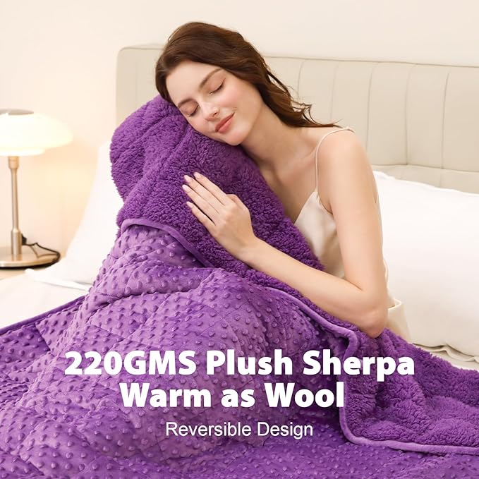 Minky Dot Weighted Blanket for Adults Queen Size 15 lbs, Warm Sherpa Snuggle Heavy Blanket for Autumn Winter with Glass Beads, Great for Stress Relief and Sleep Promotion, Purple 60 x 80 inches