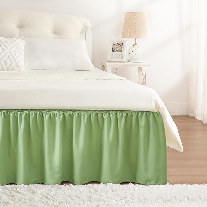 RIMELA Light Green Bed Skirt Twin Size 15 Inch Drop, Elastic Bed Skirting for Adjustable Bed Base and Frame, Bedding Dust Ruffle Easy to Install, Hotel Quality Wrap Around Bedskirt
