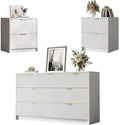 3-Piece Dresser Bedroom Set, 7 Drawer Dresser & 2 Drawer Nightstands with Gold Handles, Fluted Wood Chest of Drawers for Bedroom, Living Room, Entryway, White