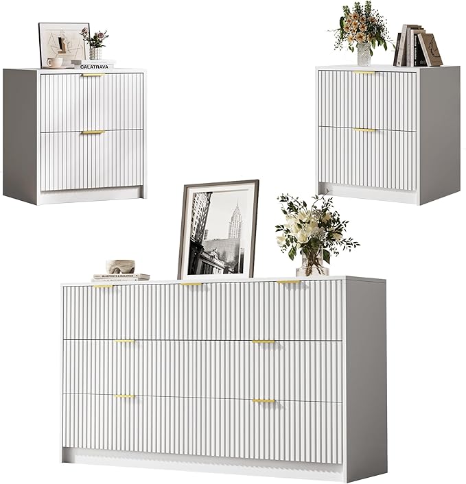 3-Piece Dresser Bedroom Set, 7 Drawer Dresser & 2 Drawer Nightstands with Gold Handles, Fluted Wood Chest of Drawers for Bedroom, Living Room, Entryway, White