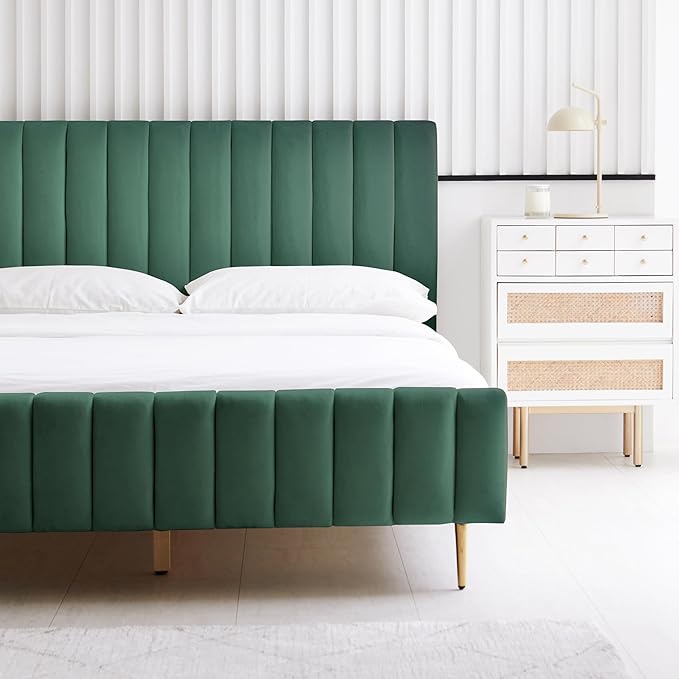 Livinia Twin Size Elton Velvet Platform Bed, Upholstered Bed Frame with Vertical Channel Tufted Headboard Footboard, Strong Wood Slats, No Box Spring Needed, Green (Twin)