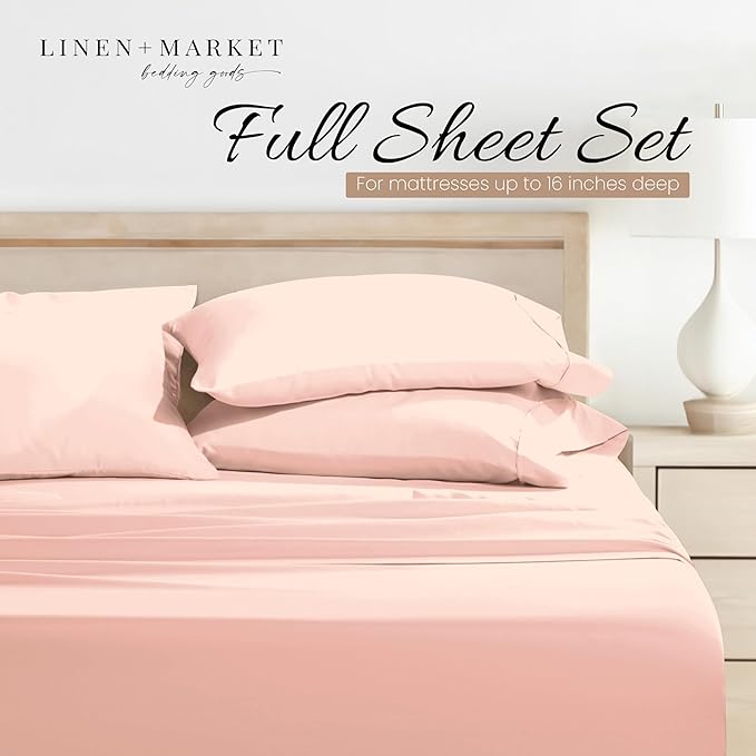 Linen Market Brushed Microfiber Full Sheet Set 4 Piece – Oeko-TEX Certified Ultra Soft & Wrinkle-Free - 16" Deep Pocket Sheets - Easy Care Full Size - Blush