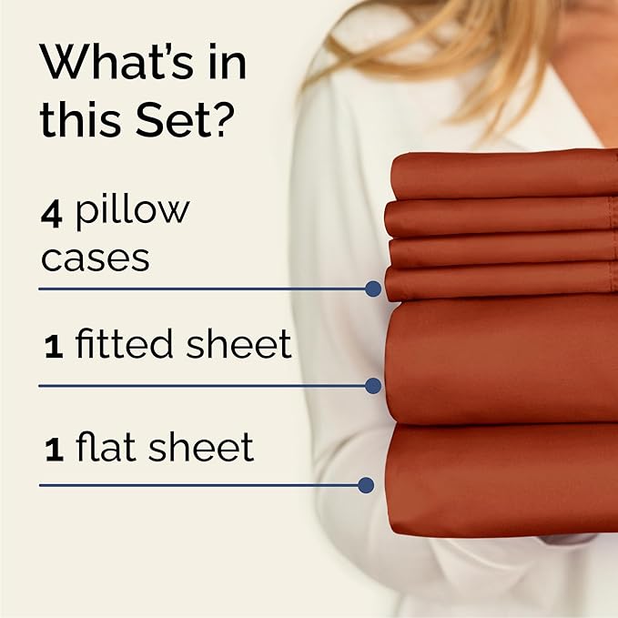 Cal King 6 Piece Sheet Set - Cooling & Breathable - Hotel Luxury Bedding, Includes Fitted Sheet for Women, Men, Kids and Teens - 1 Flat, 1 Fitted Sheet, 4 Pillowcases with Deep Pockets - Terracotta