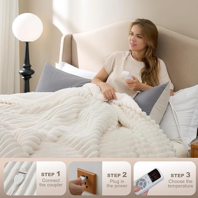 Hansleep Heated Blanket Electric Blanket Full Size, Heating Blanket with 9 Heating Levels and 10-Hour Timer Auto Shut Off, Washable Soft Warm Winter Blanket, 72 x 84 Inches, Beige