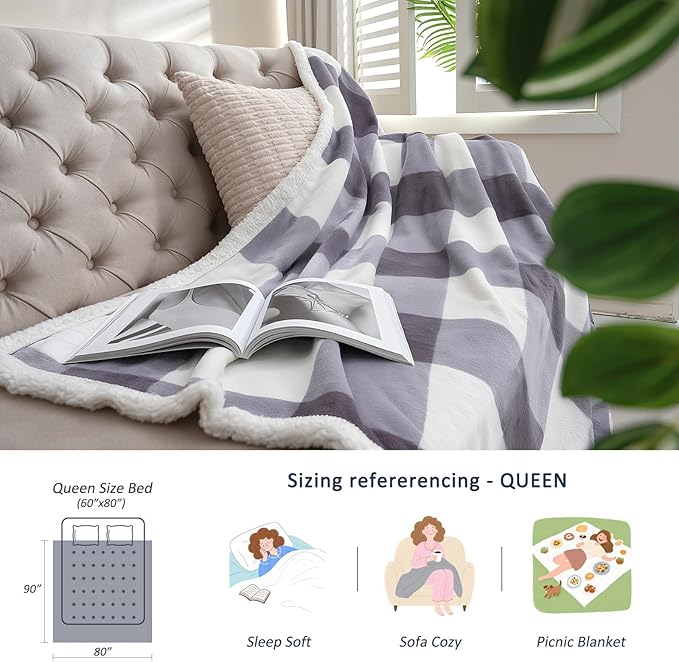 Sherpa Blanket Throw Blanket for Couch Sherpa Fleece Blanket Fluffy Checkered Soft Blanket for All Season Use Cozy Thick Warm Big Throws (Grey-Soft White, 80"*90")