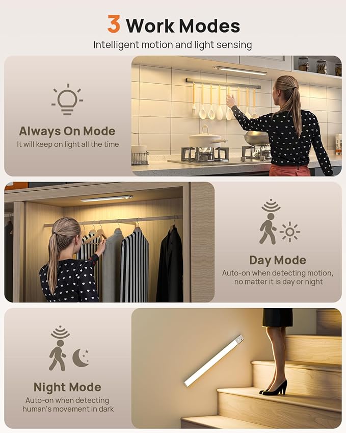 Under Cabinet Lighting Wireless,16 inch LED Motion Sensor Light Indoor, USB Rechargeable Closet Lights with Remote Control, 3 Color Temps Under Counter Lights for Kitchen, Wardrobe, Stairs, 4 Pack