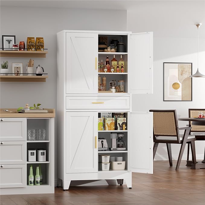 71" Tall Farmhouse Pantry Cabinet,Metal Cabinet with Adjustable Shelves and Drawer,Storage Cabinet for Kitchen Dining Room Garage,White