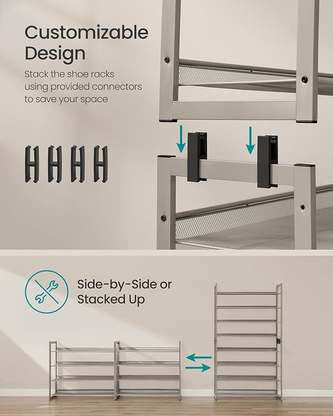SONGMICS Shoe Rack, 8-Tier Shoe Organizer, Metal Rack for Garage, Set of 2, 4-Tier Stackable Shelf, with Adjustable Flat or Angled Shelves, 32-40 Pairs, Cappuccino Beige ULMR008L01