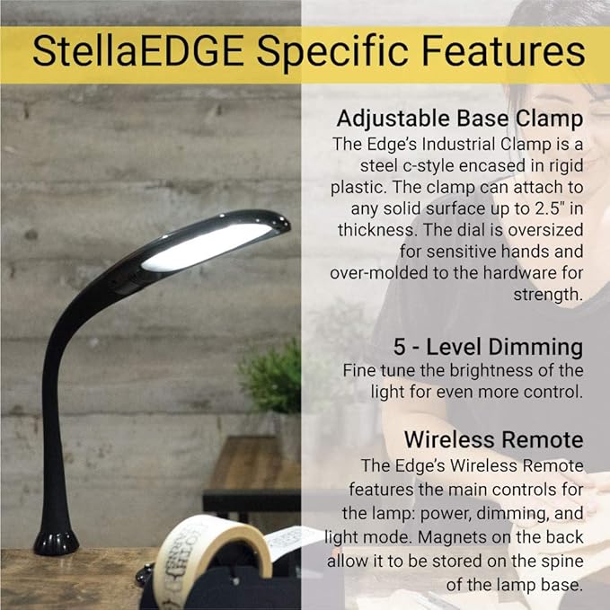 Stella Edge Premium 10W LED Desk Clamp Task Lamp - White - Adjustable Dimmable Low Vision Light - Macular Degeneration Lighting - Hobby Crafting Sewing