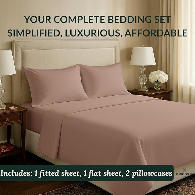 Cloud Scape Linen 100% Egyptian Cotton Sheets for Queen Size Bed, 400 Thread Count, 4 Pieces Bedding Set, Hotel Quality, Silky Soft, Deep Pockets up to 17”, Sepia Rose