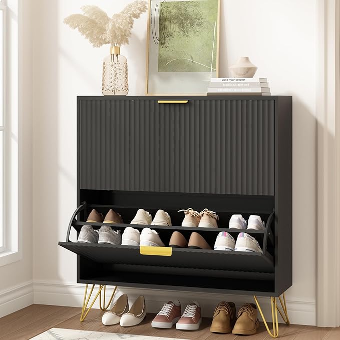 Shoe Cabinet with 2 Flip Drawers, Fluted Black Shoe Storage Cabinets, Hidden Shoe Cabinet Storage for Entryway Slim, Modern Freestanding Shoe Rack Organizer, Black
