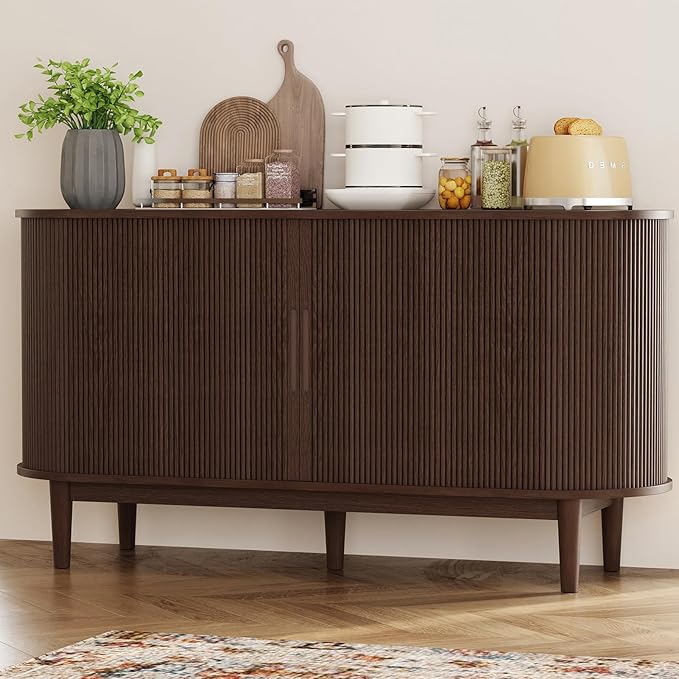 LINSY HOME Sideboard Buffet Cabinet with Storage, 55" Fluted Coffee Bar Cabinet with Tambour Sliding Doors and Drawer, Mid Century Modern Wood Storage Buffet Table for Kitchen, Vintage Walnut