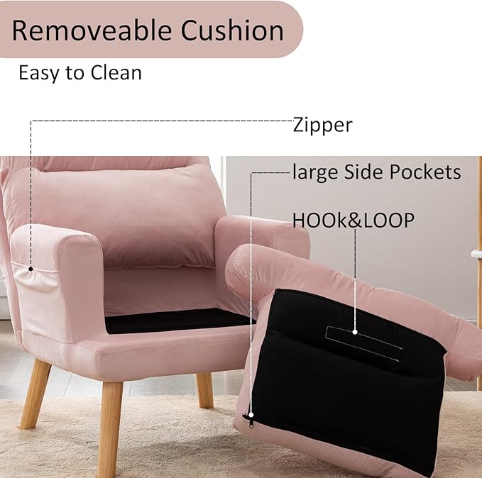 INZOY Accent Chairs with Ottoman, Modern Comfy Chair with Adjustable Backrest and Side Pockets, Velvet Fabric Armchair with Ottoman for Bedroom Living Room (Pink)