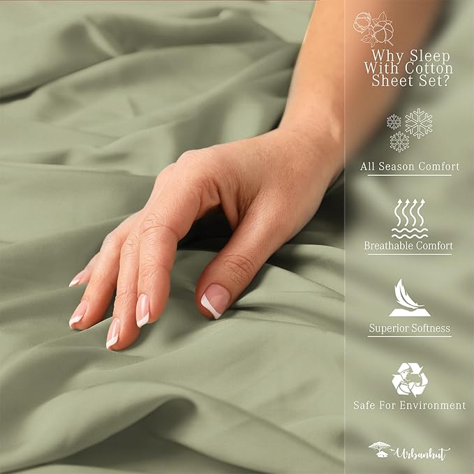 URBANHUT 800 Thread Count 100% Cotton Queen Size Sheets, Luxury 4 Piece Queen Bedsheets, Hotel Sheets Sateen Finish - Better Than Egyptian, 16" Elasticized Deep Pocket - Sage