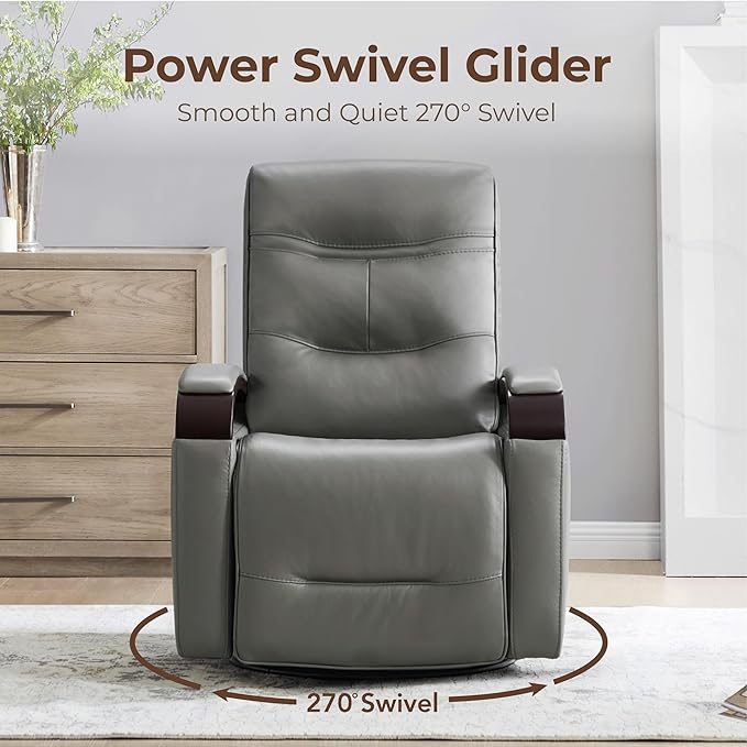 CHITA Genuine Leather Power Swivel Glider Rocker Recliner, FSC Certified Mid Century Modern Recliner Chair for Adults, Adjustable Power Headrest, for Nursery and Living Room, Haze